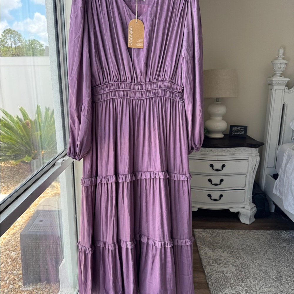 Lavender Tiered Dress with Bishop Sleeves and V-Neck